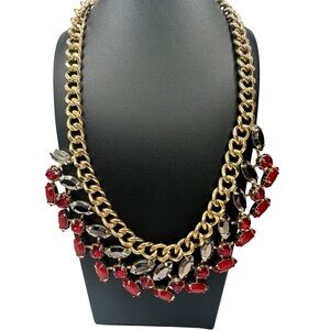 MIKA Yellow Gold Tone Chain Statement Necklace Red Gray Costume Bib Glamcore